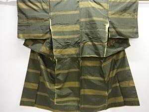 アンティーク　格子に横段模様織り出し米沢紬着物アンサンブル